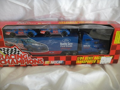 1996 Dale Jarrett NASCAR Diecast 88 Ford Quality Care Hauler Transporter 1:64 Racing Champions 1996 Edition With Two Cars 1
