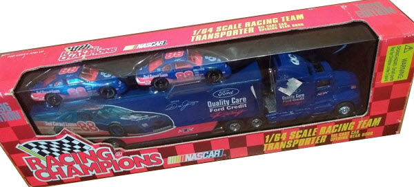 1996 Dale Jarrett NASCAR Diecast 88 Ford Quality Care Hauler Transporter 1:64 Racing Champions 1996 Edition With Two Cars 1