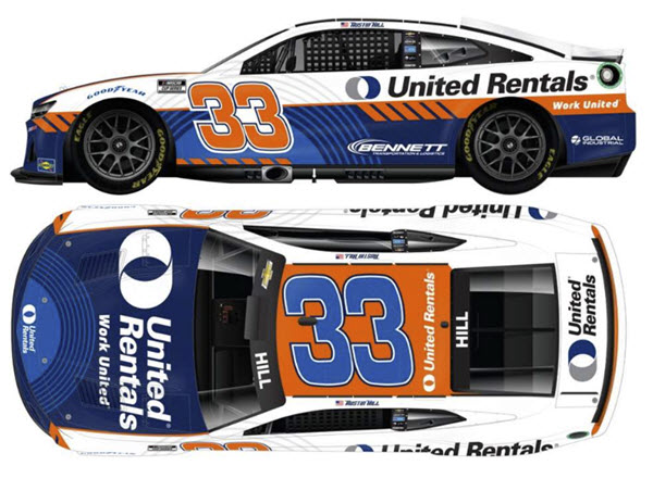 2024 Austin Hill NASCAR Diecast 33 United Rentals CWC 1:24 Lionel Action ARC Color Chrome 99